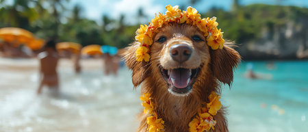 Dog wearing a flower lei, smiling on a tropical beach with palm trees in the backgroundの素材