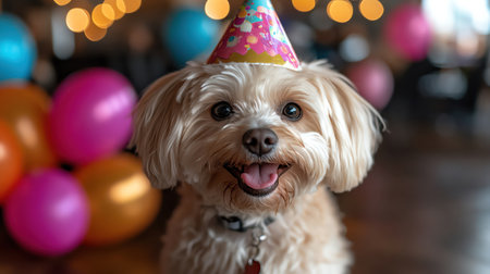 Happy white dog in party hat, surrounded by colorful balloons, festive atmosphereの素材