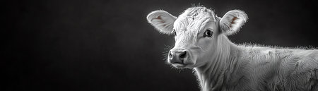 Realistic blackandwhite cow standing against a dark background, soft studio lighting from the sideの素材