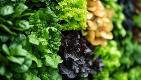 Rows of fresh leafy greens and vibrant plants in a vertical garden, soft focus backgroundの素材