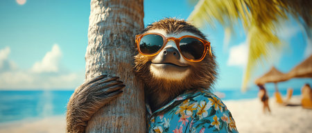Sloth in a floral shirt and sunglasses, hugging a palm tree on a sunny beachの素材