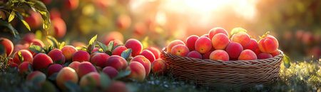 Sunlit basket of fresh peaches in a garden, warm and vibrant, natures bountyの素材