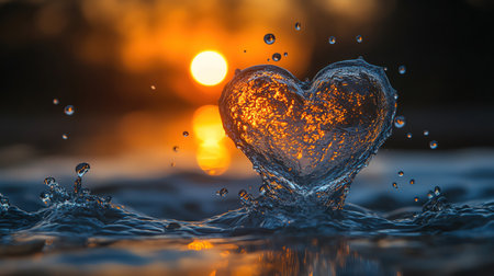 A heartshaped splash of water rising from the surface with soft, warm sunset hues in the backgroundの素材