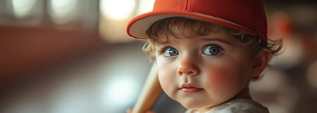 Baby in a baseball uniform holding a bat, focused expression, standing at home plateの素材