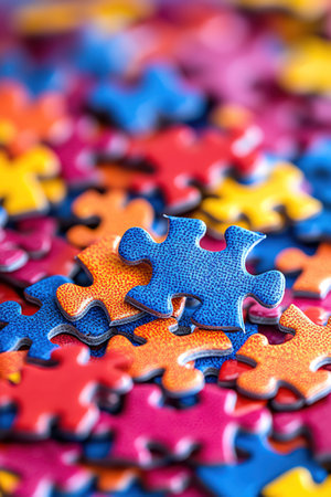 Brightly colored puzzle pieces scattered on a table, shallow depth of field, playful moodの素材