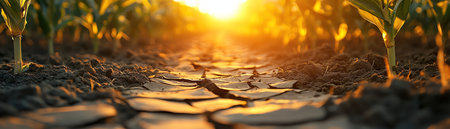 Corn lying on dry, cracked soil in the midst of a long field under the sunの素材