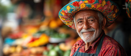 Elderly man in a colorful sombrero, standing by vibrant food stalls, cultural market sceneの素材