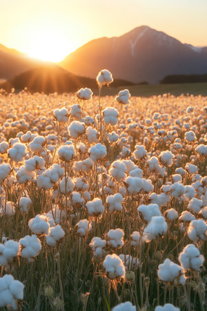 Cotton field at sunset, golden hour light, fluffy cotton blooms glowing, mountains in backgroundの素材
