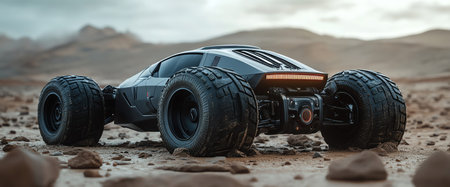 Futuristic offroad vehicle in a rocky desert, dramatic lighting, low angleの素材