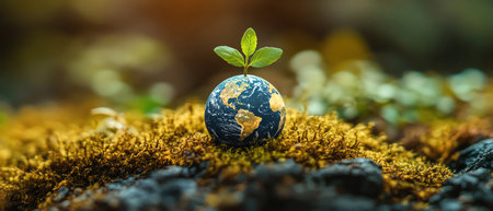 Globe and plant growing together on vibrant moss, symbolizing global growthの素材