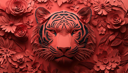 Intricate red paper tiger face surrounded by floral patterns, vivid cutout style, bold and artisticの素材