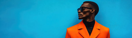 Man in vibrant orange coat, sunglasses, cool blue background, modern street style, sharp focusの素材