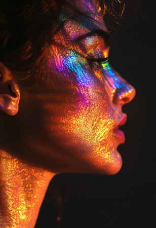 Metallic rainbowhued profile of a woman with abstract texturesの素材