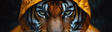 Tiger in a yellow raincoat, intense gaze, dark background, moody and modern styleの素材