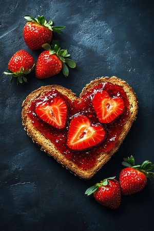 Toast in the shape of a heart, topped with strawberry jam, fresh strawberries on the side, dark backgroundの素材