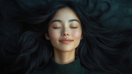 Woman with long, flowing black hair, eyes closed, smiling peacefully against a dark backdropの素材