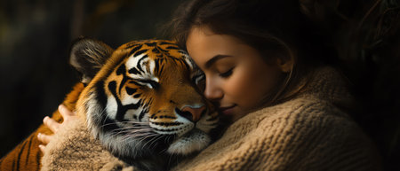 Woman embracing tiger, soft lighting, deep connection, dark background, subtle eleganceの素材