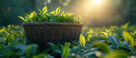 Woven basket filled with fresh tea leaves in a lush green plantation, vibrant colors under soft sunlightの素材