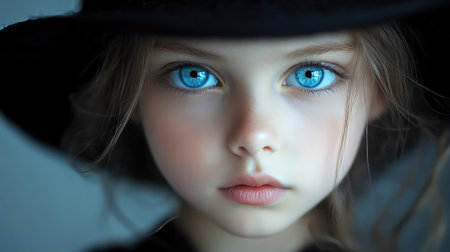 Young girl with big blue eyes wearing a black hat, staring intensely, innocence meets mysteryの素材
