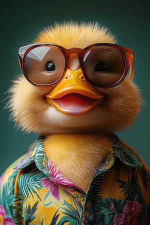 Duck wearing tropical shirt and sunglasses, smiling against pastel backgroundの素材