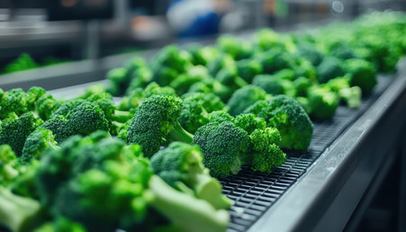 Fresh broccoli being processed and sorted on a conveyor beltの素材