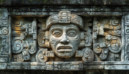 Detailed ancient stone carving of a Mayan face with intricate patterns and symbolsの素材