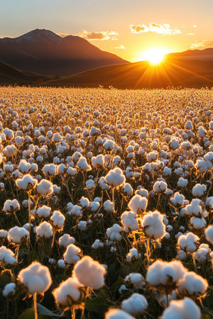 Cotton field at sunset, golden hour light, fluffy cotton blooms glowing, mountains in backgroundの素材
