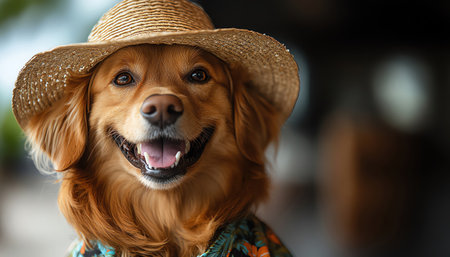 Dog in a straw hat and a Hawaiian shirt, smiling brightly against a white backdropの素材