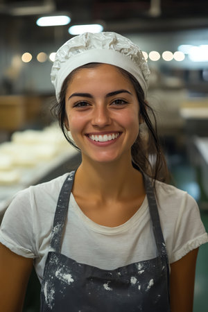 Female food industry worker smiling confidently in a large production facilityの素材