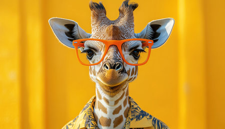 Giraffe in orange glasses and a Hawaiian shirt, standing against a yellow backgroundの素材