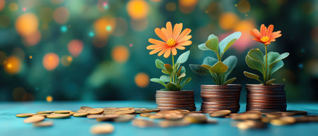 Growing plants atop stacks of coins, symbolizing green investmentsの素材