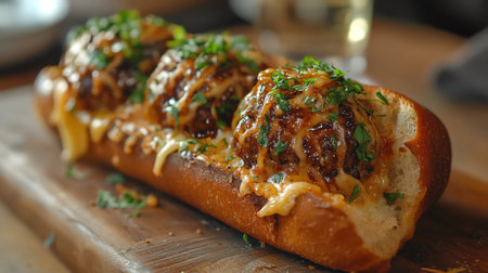 Juicy meatball sub with melted cheese and fresh herbs on a toasted roll, rustic presentation on a wooden boardの素材