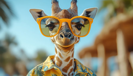 Giraffe in yellow sunglasses and a tropical shirt, posing against a light blue sky backgroundの素材