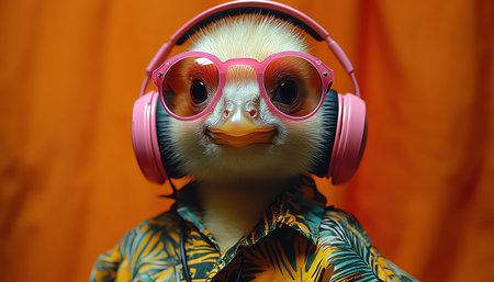 Goose with pink sunglasses and headphones, dressed in a tropical shirt, bright orange backdropの素材