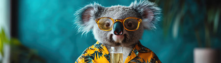 Koala in a Hawaiian shirt and sunglasses, holding a champagne glass, teal backgroundの素材