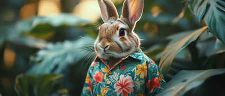 Rabbit wearing a floral Hawaiian shirt, standing amidst lush jungle foliage with a soft focus backgroundの素材