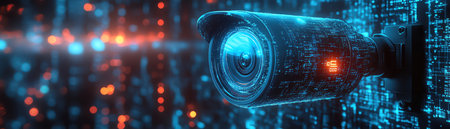 Surveillance camera with blue digital particles in a hightech futuristic environmentの素材