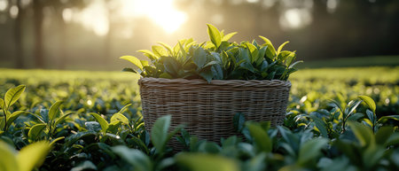 Woven basket filled with fresh tea leaves in a lush green plantation, vibrant colors under soft sunlightの素材
