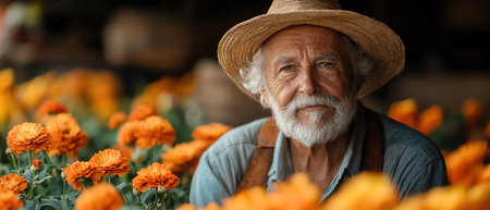 Elderly gardener among blooming flowers, warm sunlight, gentle expression, rustic settingの素材