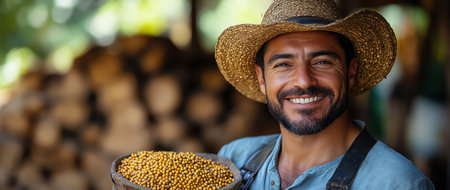 Farmer holding pellets, smiling warmly, woodpile background, sunny garden, natural settingの素材