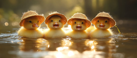 Four ducklings in sun hats, warm morning light, soft focus, cheerful group, playful and cute vibeの素材