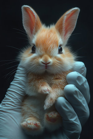 Gloved hands prepare to inject a fluffy rabbit, animal research contextの素材
