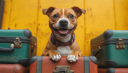 Happy dog sitting among luggage, ready for travel, yellow backdropの素材