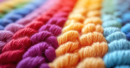 Closeup of colorful woven yarn, vibrant and warm hues, soft texture, playful and cozyの素材