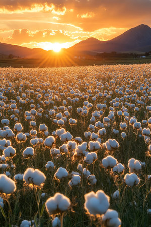 Cotton field at sunset, golden hour light, fluffy cotton blooms glowing, mountains in backgroundの素材