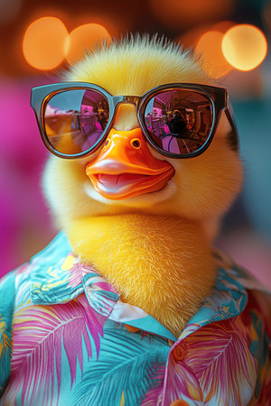 Duck wearing tropical shirt and sunglasses, smiling against pastel backgroundの素材
