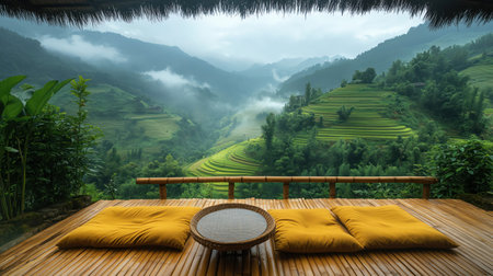 Bamboo seating area with cushions, overlooking rice terraces and misty mountain valleyの素材