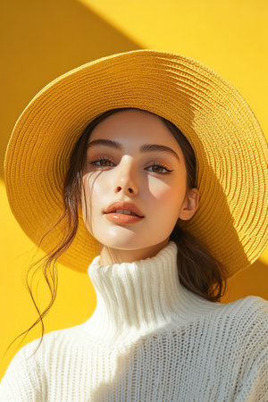 Woman in white sweater, yellow hat, bright yellow background, cheerful and sunny portraitの素材