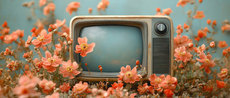 Retro TV with flowers, vintage style, soft focus on blooms, pastel backgroundの素材