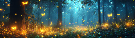 Fireflies with bioluminescent neon lights, digital forest, twilight gleamの素材